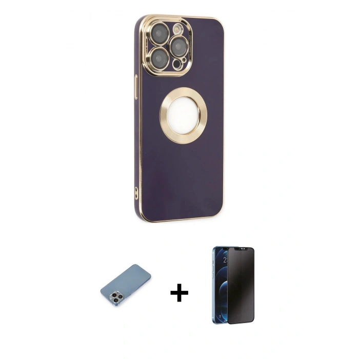 MARSİLYAN™- iPhone 13 Pro Max Kılıf İz Form Serisi - Siyah 3D Antistatik Hayalet Cam Ekran Koruyucu + Shine Kamera Lens Koruma Cam - GI