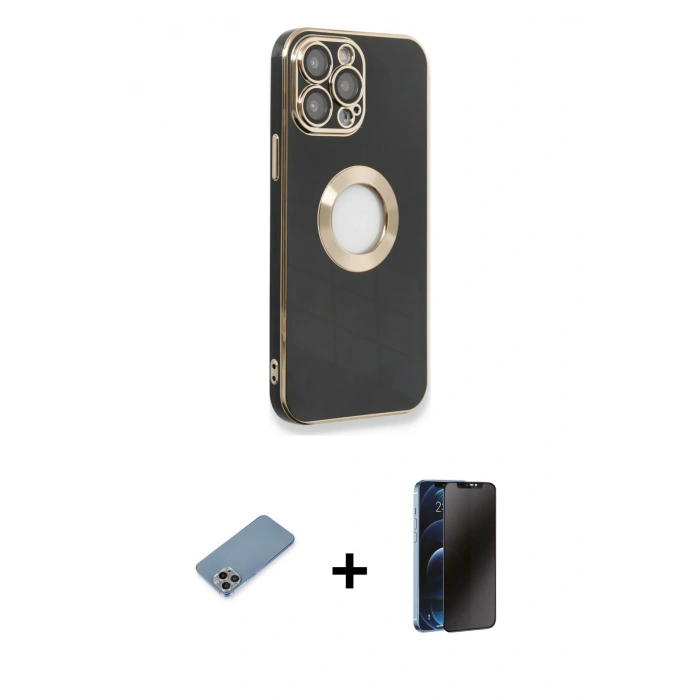 MARSİLYAN™- iPhone 13 Pro Max Kılıf İz Form Serisi - Siyah 3D Antistatik Hayalet Cam Ekran Koruyucu + Shine Kamera Lens Koruma Cam - GI