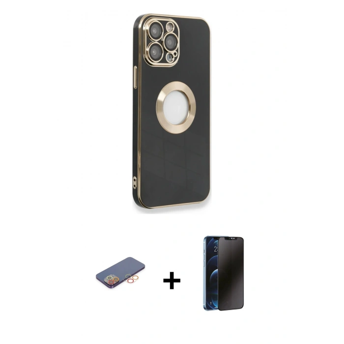 MARSİLYAN™- iPhone 13 Pro Max Kılıf İz Form Serisi - Siyah 3D Antistatik Hayalet Cam Ekran Koruyucu + Renkli Kamera Lens Koruma Cam - TU
