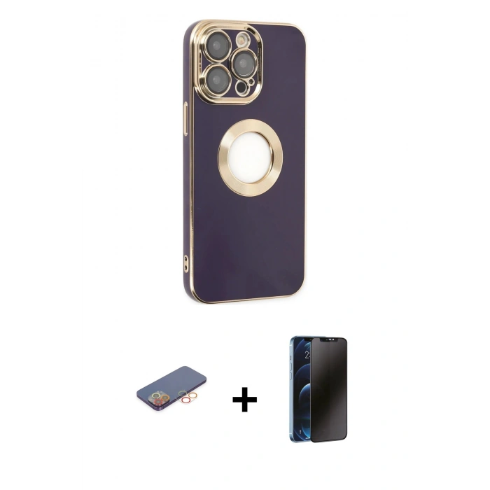 MARSİLYAN™- iPhone 13 Pro Max Kılıf İz Form Serisi - Siyah 3D Antistatik Hayalet Cam Ekran Koruyucu + Renkli Kamera Lens Koruma Cam - TU