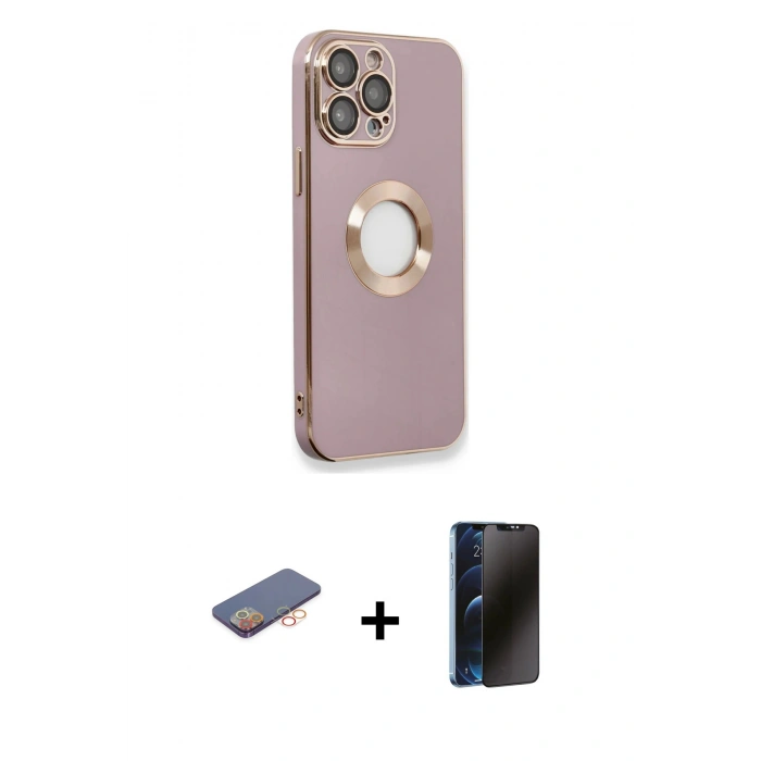 MARSİLYAN™- iPhone 13 Pro Max Kılıf İz Form Serisi - Siyah 3D Antistatik Hayalet Cam Ekran Koruyucu + Renkli Kamera Lens Koruma Cam - TU