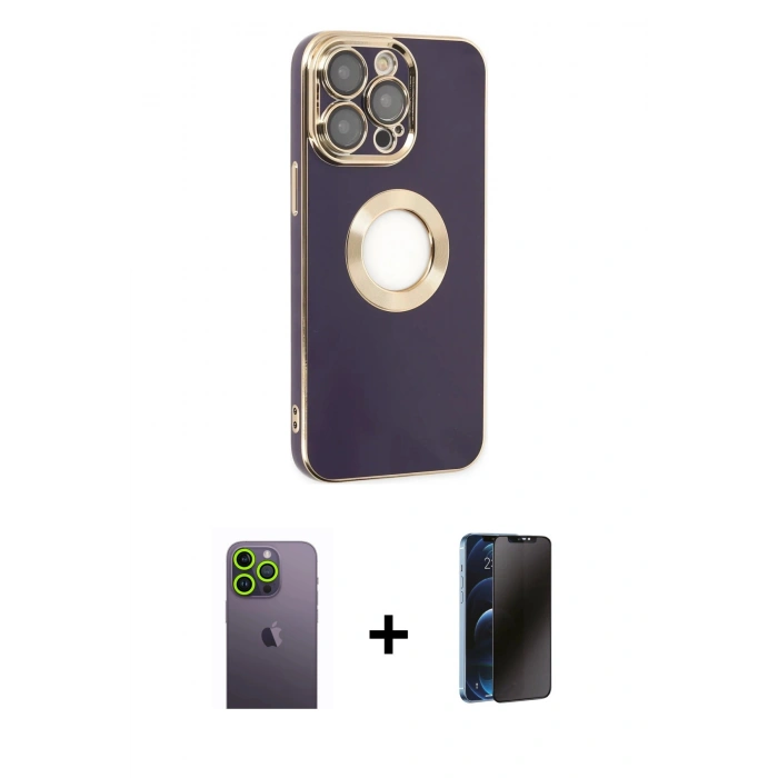 MARSİLYAN™- iPhone 13 Pro Max Kılıf İz Form Serisi - Siyah 3D Antistatik Hayalet Cam Ekran Koruyucu + Neon Fosforlu Kamera Lens - YL