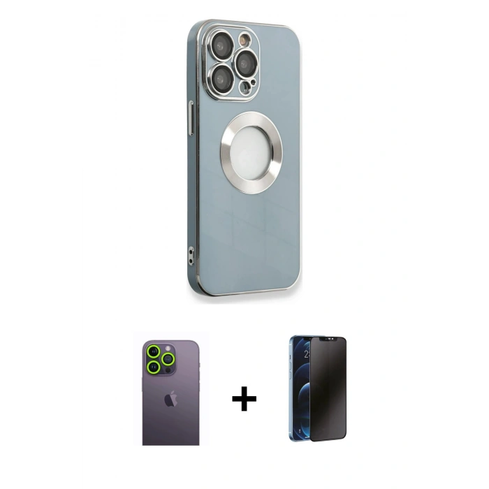 MARSİLYAN™- iPhone 13 Pro Max Kılıf İz Form Serisi - Siyah 3D Antistatik Hayalet Cam Ekran Koruyucu + Neon Fosforlu Kamera Lens - YL