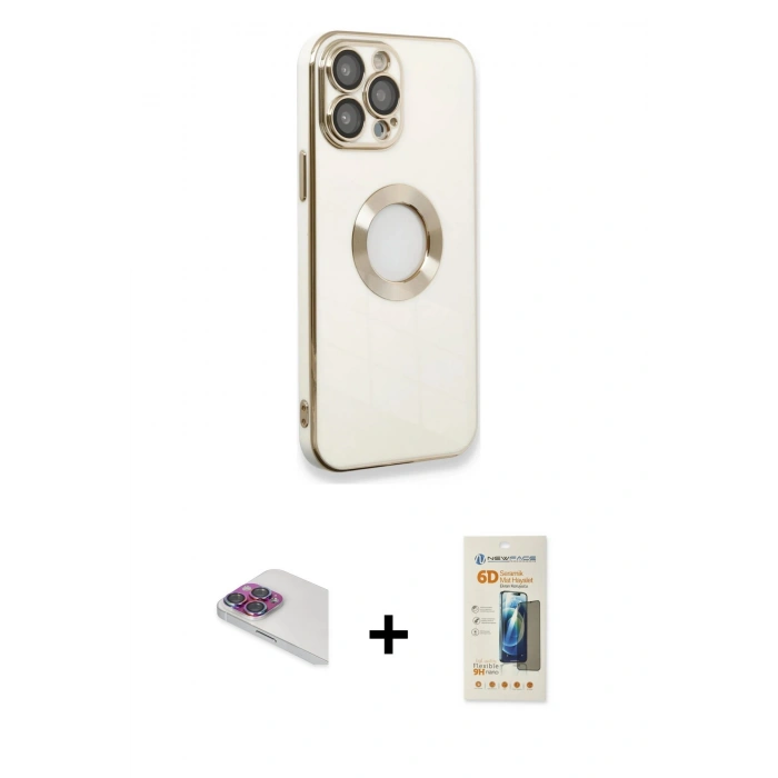 MARSİLYAN™- iPhone 13 Pro Max Kılıf İz Form Serisi - Siyah 6D Mat Seramik Hayalet Nano Ekran Koruyucu + Gökkuşağı Pers Alüminyum Kamera Lens