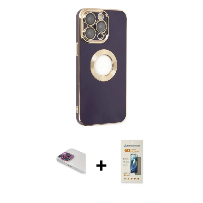 MARSİLYAN™- iPhone 13 Pro Max Kılıf İz Form Serisi - Siyah 6D Mat Seramik Hayalet Nano Ekran Koruyucu + Gökkuşağı Pers Alüminyum Kamera Lens
