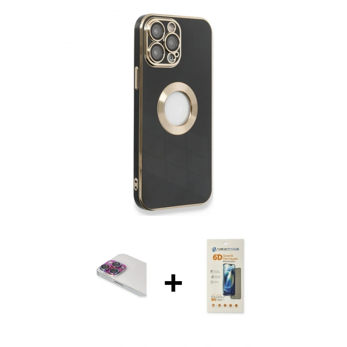 MARSİLYAN™- iPhone 13 Pro Max Kılıf İz Form Serisi - Siyah 6D Mat Seramik Hayalet Nano Ekran Koruyucu + Gökkuşağı Pers Alüminyum Kamera Lens
