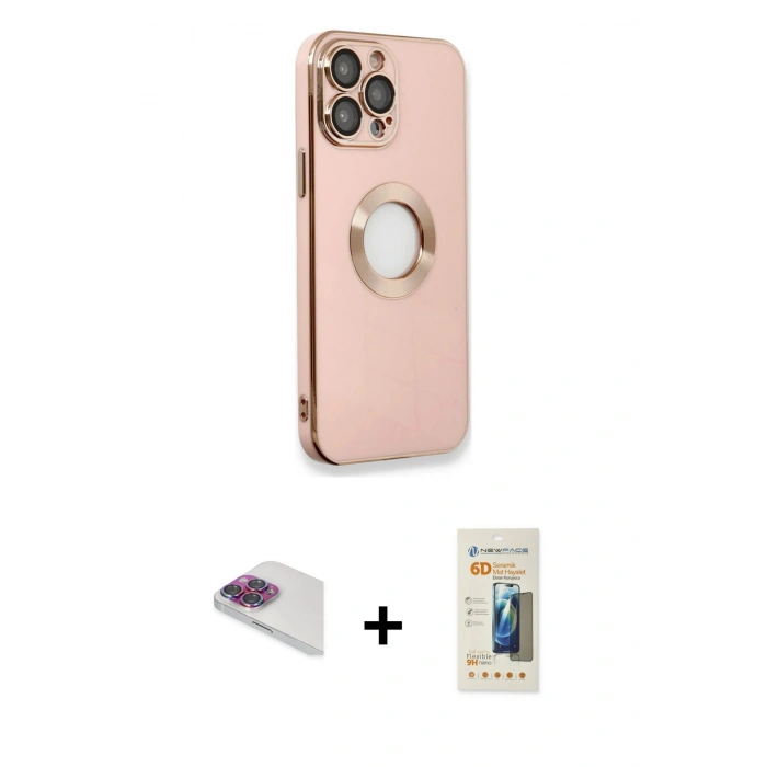 MARSİLYAN™- iPhone 13 Pro Max Kılıf İz Form Serisi - Siyah 6D Mat Seramik Hayalet Nano Ekran Koruyucu + Gökkuşağı Pers Alüminyum Kamera Lens
