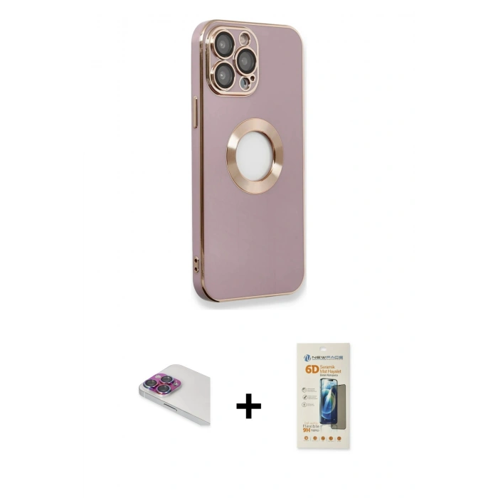 MARSİLYAN™- iPhone 13 Pro Max Kılıf İz Form Serisi - Siyah 6D Mat Seramik Hayalet Nano Ekran Koruyucu + Gökkuşağı Pers Alüminyum Kamera Lens