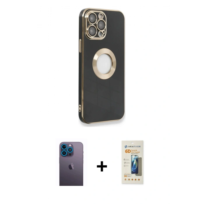 MARSİLYAN™- iPhone 13 Pro Max Kılıf İz Form Serisi - Siyah 6D Mat Seramik Hayalet Nano Ekran Koruyucu + Neon Fosforlu Kamera Lens - MI