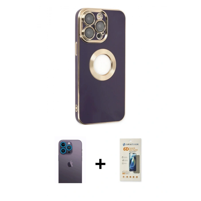 MARSİLYAN™- iPhone 13 Pro Max Kılıf İz Form Serisi - Siyah 6D Mat Seramik Hayalet Nano Ekran Koruyucu + Neon Fosforlu Kamera Lens - MI