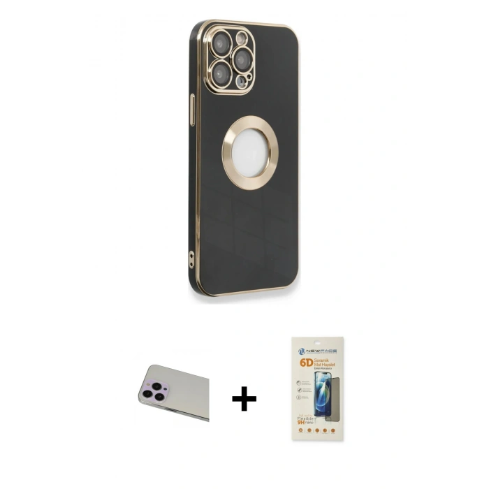 MARSİLYAN™- iPhone 13 Pro Max Kılıf İz Form Serisi - Siyah 6D Mat Seramik Hayalet Nano Ekran Koruyucu + Rainbow Kamera Lens Koruma Cam - MR