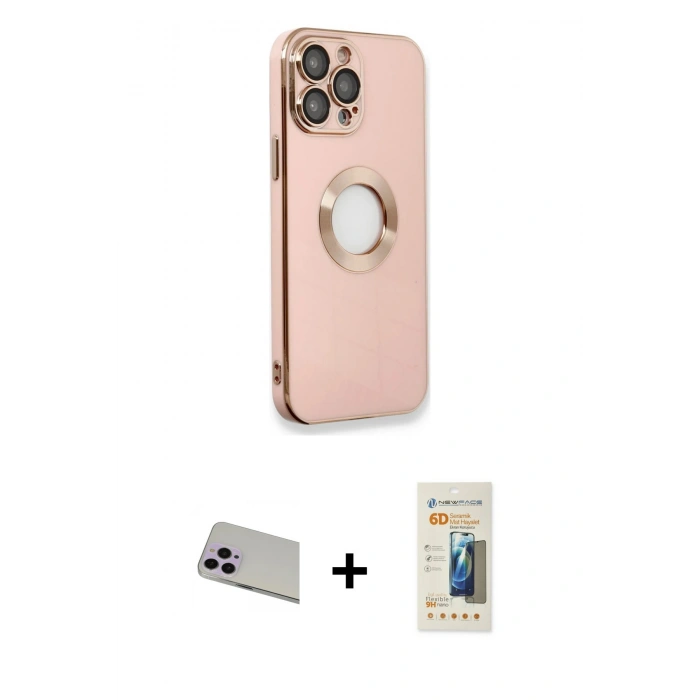 MARSİLYAN™- iPhone 13 Pro Max Kılıf İz Form Serisi - Siyah 6D Mat Seramik Hayalet Nano Ekran Koruyucu + Rainbow Kamera Lens Koruma Cam - MR