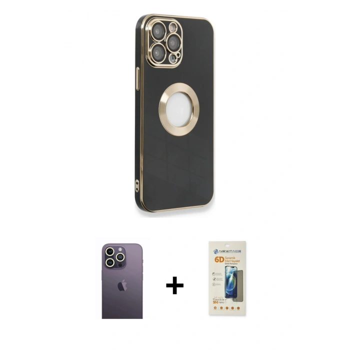 MARSİLYAN™- iPhone 13 Pro Max Kılıf İz Form Serisi - Siyah 6D Mat Seramik Hayalet Nano Ekran Koruyucu + Neon Fosforlu Kamera Lens - BZ
