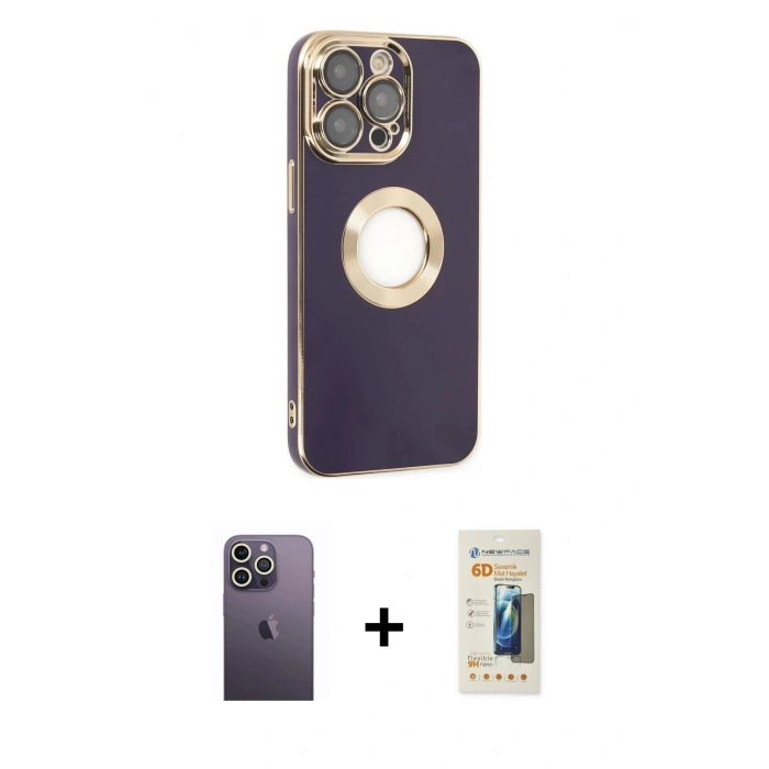 MARSİLYAN™- iPhone 13 Pro Max Kılıf İz Form Serisi - Siyah 6D Mat Seramik Hayalet Nano Ekran Koruyucu + Neon Fosforlu Kamera Lens - BZ