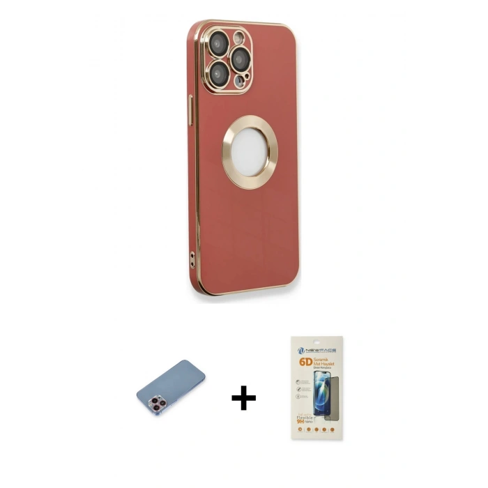 MARSİLYAN™- iPhone 13 Pro Max Kılıf İz Form Serisi - Siyah 6D Mat Seramik Hayalet Nano Ekran Koruyucu + Pembe Shine Kamera Lens Koruma Cam