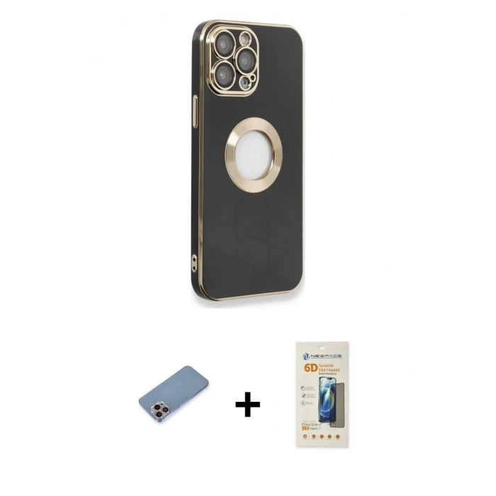 MARSİLYAN™- iPhone 13 Pro Max Kılıf İz Form Serisi - Siyah 6D Mat Seramik Hayalet Nano Ekran Koruyucu + Pembe Shine Kamera Lens Koruma Cam