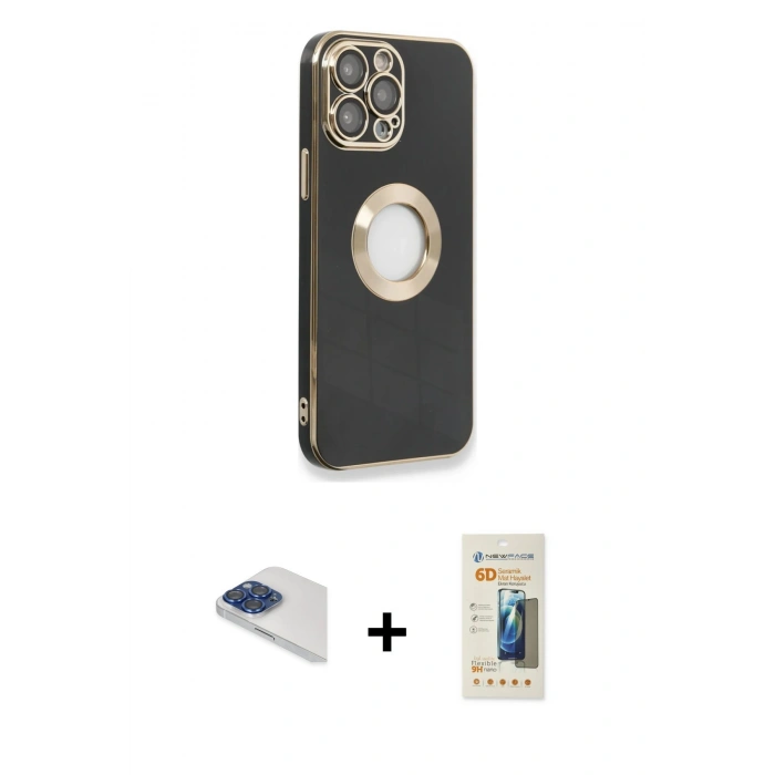 MARSİLYAN™- iPhone 13 Pro Max Kılıf İz Form Serisi - Siyah 6D Mat Seramik Hayalet Nano Ekran Koruyucu + Pers Alüminyum Kamera Lens - LT