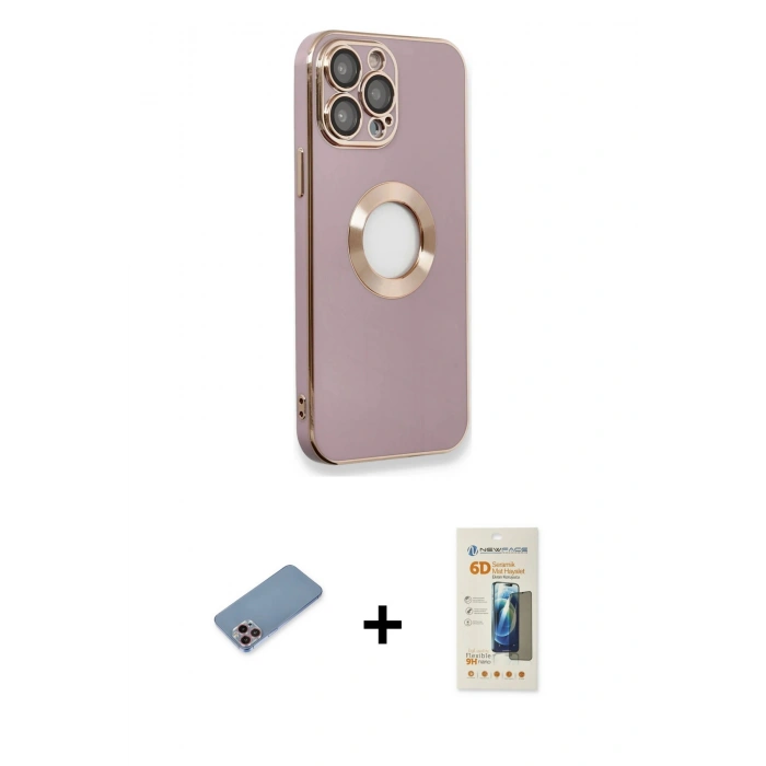 MARSİLYAN™- iPhone 13 Pro Max Kılıf İz Form Serisi - Siyah 6D Mat Seramik Hayalet Nano Ekran Koruyucu + Pembe Shine Kamera Lens Koruma Cam