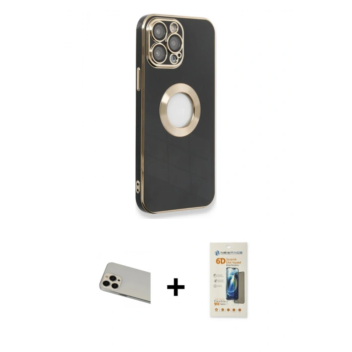 MARSİLYAN™- iPhone 13 Pro Max Kılıf İz Form Serisi - Siyah 6D Mat Seramik Hayalet Nano Ekran Koruyucu + Rainbow Kamera Lens Koruma Cam - REGD