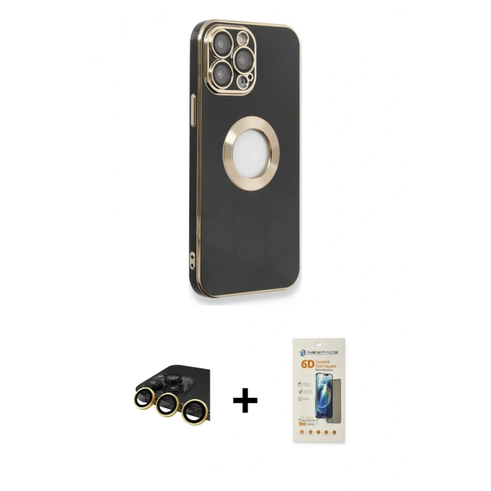 MARSİLYAN™- iPhone 13 Pro Max Kılıf İz Form Serisi - Siyah 6D Mat Seramik Hayalet Nano Ekran Koruyucu + Raze Metal Kamera Lens - GD