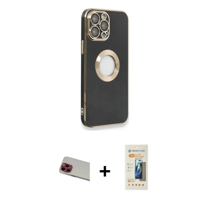 MARSİLYAN™- iPhone 13 Pro Max Kılıf İz Form Serisi - Siyah 6D Mat Seramik Hayalet Nano Ekran Koruyucu + Rainbow Kamera Lens Koruma Cam - KI