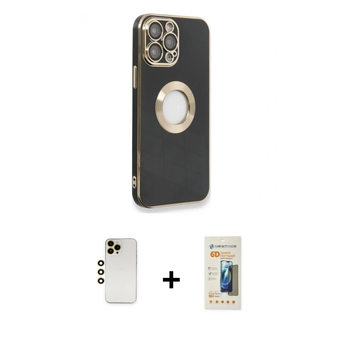MARSİLYAN™- iPhone 13 Pro Max Kılıf İz Form Serisi - Siyah 6D Mat Seramik Hayalet Nano Ekran Koruyucu + Shine Kamera Lens - GD