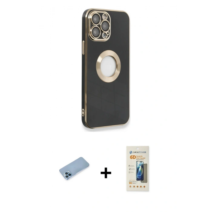 MARSİLYAN™- iPhone 13 Pro Max Kılıf İz Form Serisi - Siyah 6D Mat Seramik Hayalet Nano Ekran Koruyucu + Shine Kamera Lens Koruma Cam - MI