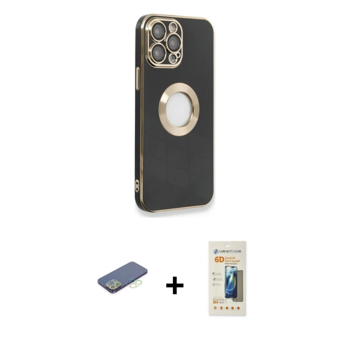 MARSİLYAN™- iPhone 13 Pro Max Kılıf İz Form Serisi - Siyah 6D Mat Seramik Hayalet Nano Ekran Koruyucu + Yeşil Renkli Kamera Lens Koruma Cam
