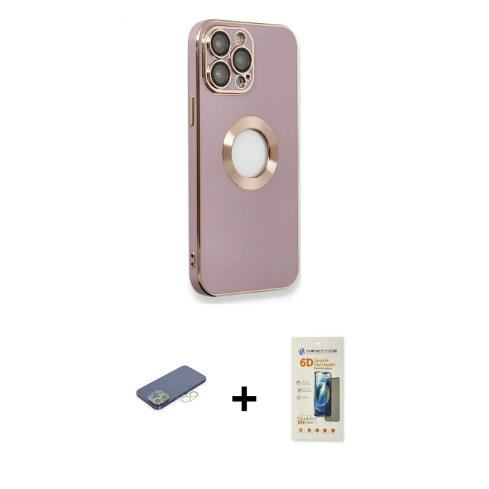 MARSİLYAN™- iPhone 13 Pro Max Kılıf İz Form Serisi - Siyah 6D Mat Seramik Hayalet Nano Ekran Koruyucu + Yeşil Renkli Kamera Lens Koruma Cam