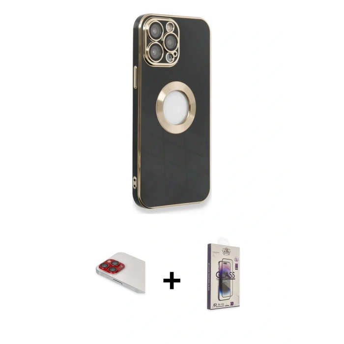 MARSİLYAN™- iPhone 13 Pro Max Kılıf İz Form Serisi - Siyah Bilvis 3D Cam Ekran Koruyucu + Pers Alüminyum Kamera Lens - KI