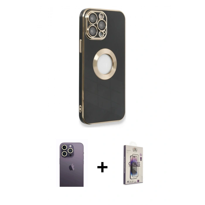 MARSİLYAN™- iPhone 13 Pro Max Kılıf İz Form Serisi - Siyah Bilvis 3D Cam Ekran Koruyucu + Neon Fosforlu Kamera Lens - BZ