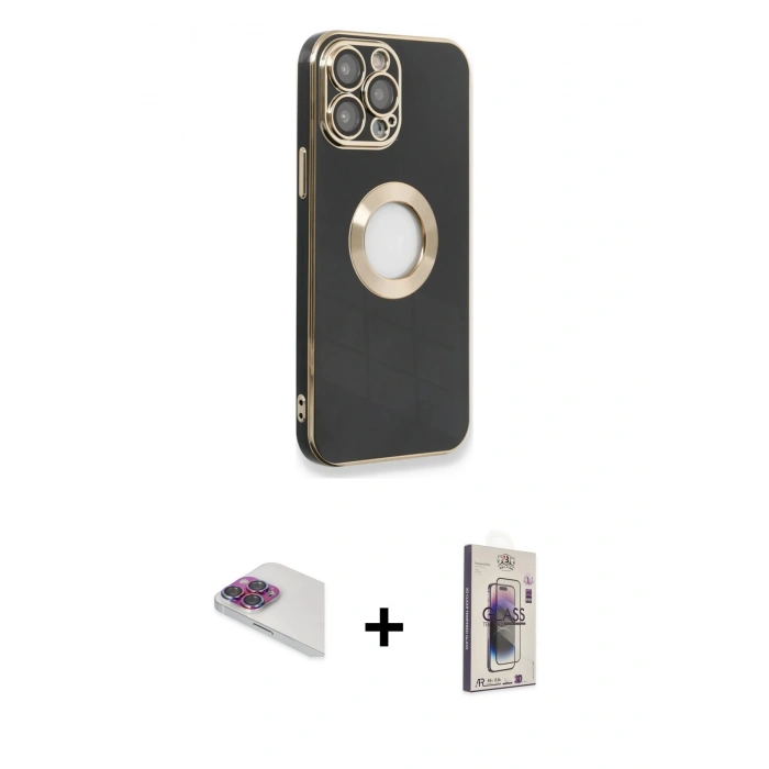 MARSİLYAN™- iPhone 13 Pro Max Kılıf İz Form Serisi - Siyah Bilvis 3D Cam Ekran Koruyucu + Pers Alüminyum Kamera Lens - GI