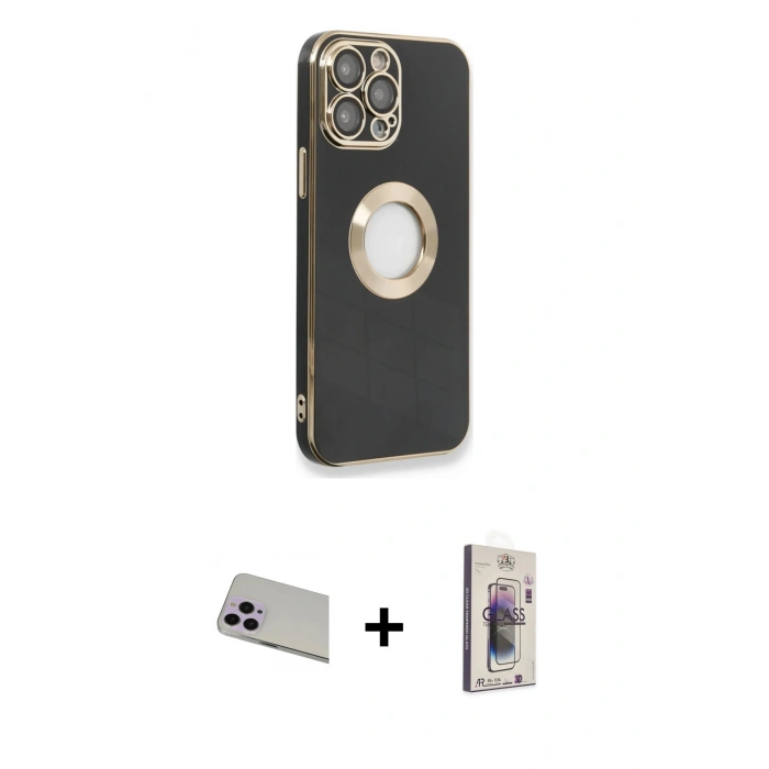 MARSİLYAN™- iPhone 13 Pro Max Kılıf İz Form Serisi - Siyah Bilvis 3D Cam Ekran Koruyucu + Rainbow Kamera Lens Koruma Cam - MR