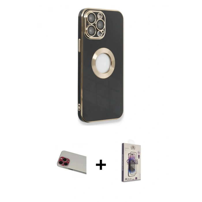 MARSİLYAN™- iPhone 13 Pro Max Kılıf İz Form Serisi - Siyah Bilvis 3D Cam Ekran Koruyucu + Rainbow Kamera Lens Koruma Cam - KI