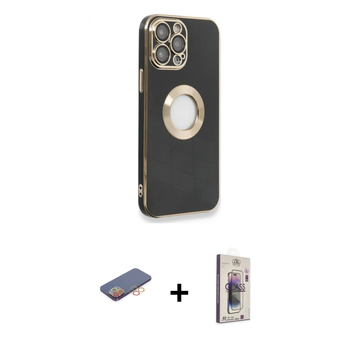 MARSİLYAN™- iPhone 13 Pro Max Kılıf İz Form Serisi - Siyah Bilvis 3D Cam Ekran Koruyucu + Renkli Kamera Lens Koruma Cam - TU