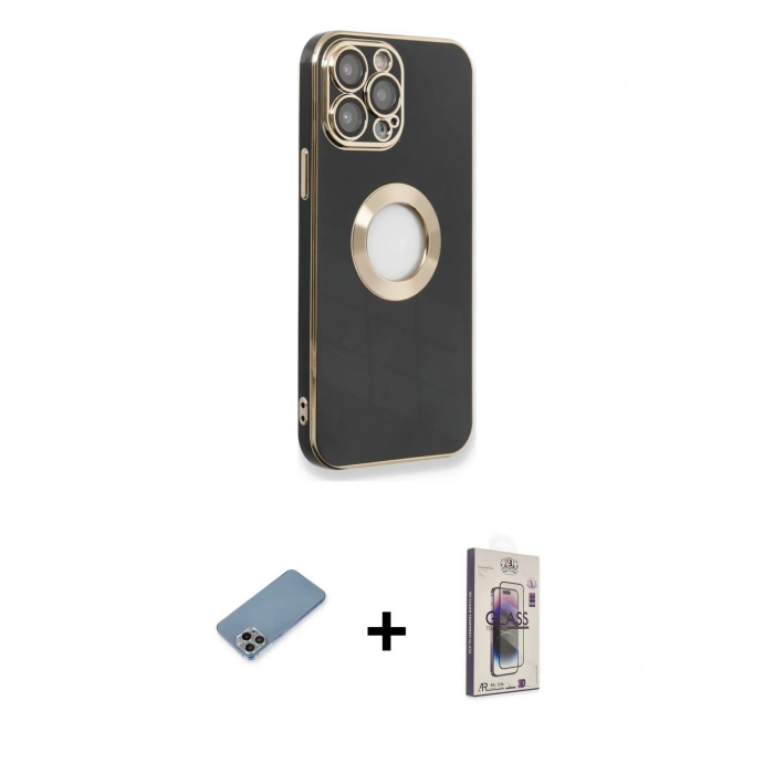 MARSİLYAN™- iPhone 13 Pro Max Kılıf İz Form Serisi - Siyah Bilvis 3D Cam Ekran Koruyucu + Shine Kamera Lens Koruma Cam - GI