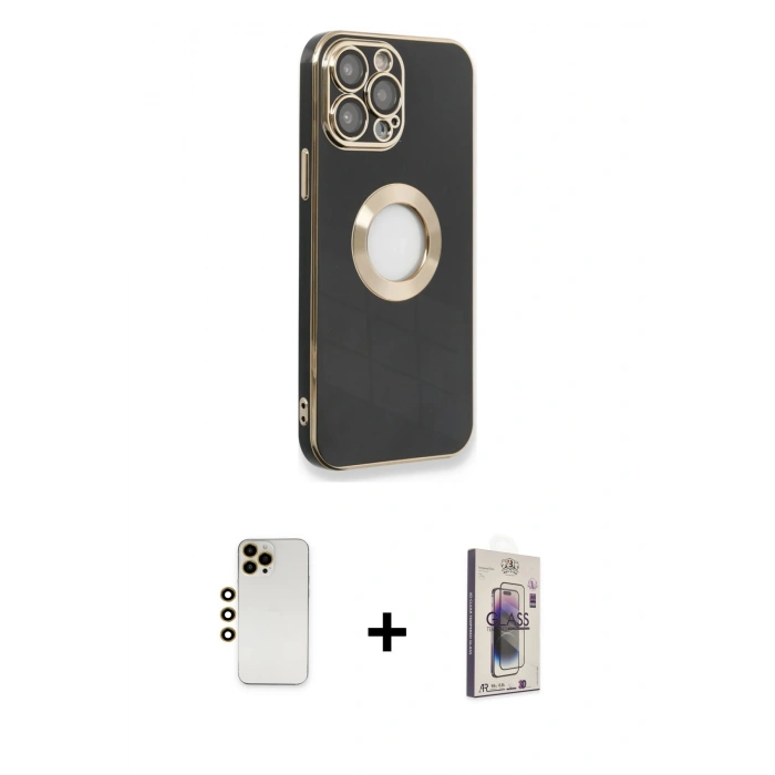 MARSİLYAN™- iPhone 13 Pro Max Kılıf İz Form Serisi - Siyah Bilvis 3D Cam Ekran Koruyucu + Shine Kamera Lens - GD