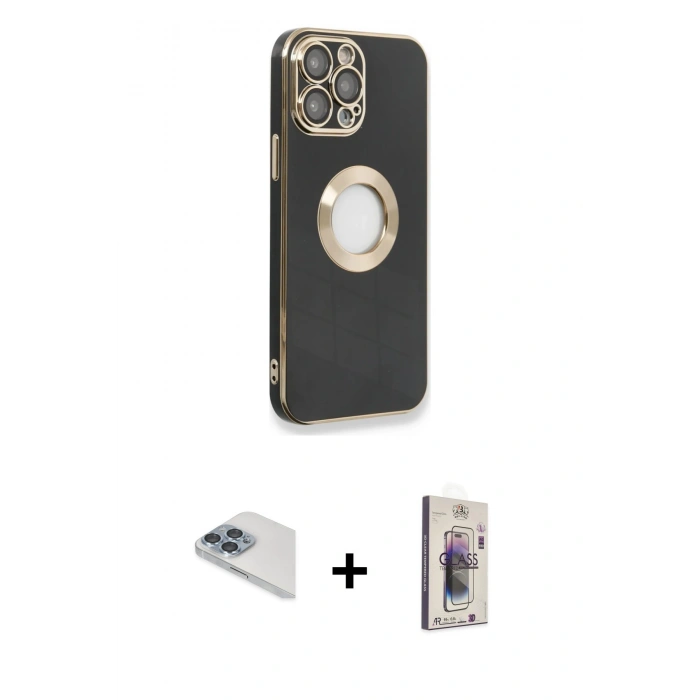 MARSİLYAN™- iPhone 13 Pro Max Kılıf İz Form Serisi - Siyah Bilvis 3D Cam Ekran Koruyucu + Pers Alüminyum Kamera Lens - SABE