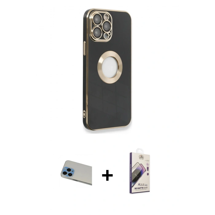 MARSİLYAN™- iPhone 13 Pro Max Kılıf İz Form Serisi - Siyah Bilvis 3D Mat Cam Ekran Koruyucu + Rainbow Kamera Lens Koruma Cam - MI