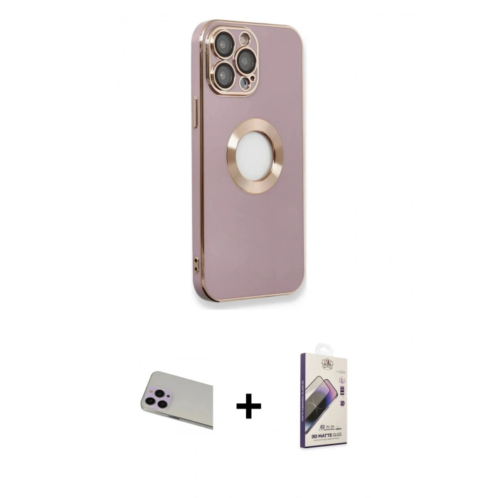 MARSİLYAN™- iPhone 13 Pro Max Kılıf İz Form Serisi - Siyah Bilvis 3D Mat Cam Ekran Koruyucu + Mor Rainbow Kamera Lens Koruma Cam