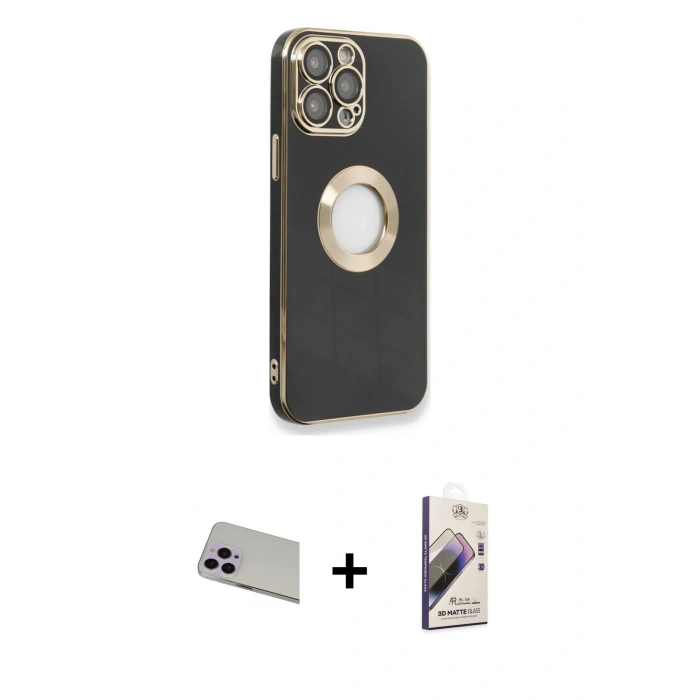 MARSİLYAN™- iPhone 13 Pro Max Kılıf İz Form Serisi - Siyah Bilvis 3D Mat Cam Ekran Koruyucu + Mor Rainbow Kamera Lens Koruma Cam