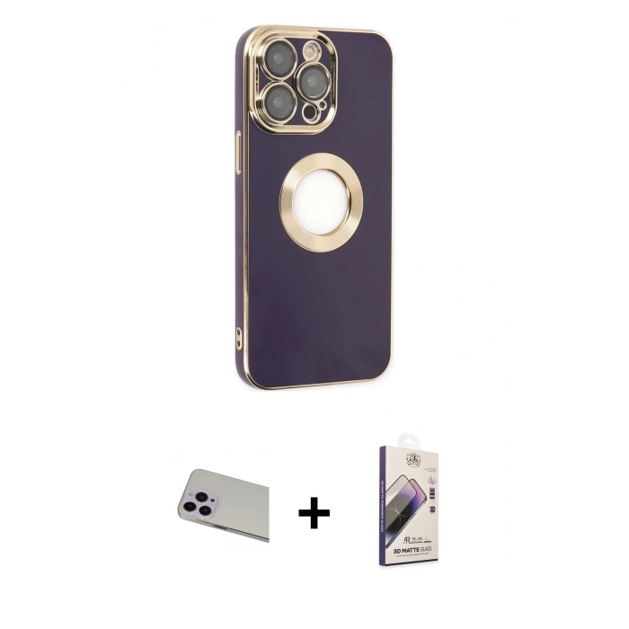 MARSİLYAN™- iPhone 13 Pro Max Kılıf İz Form Serisi - Siyah Bilvis 3D Mat Cam Ekran Koruyucu + Mor Rainbow Kamera Lens Koruma Cam