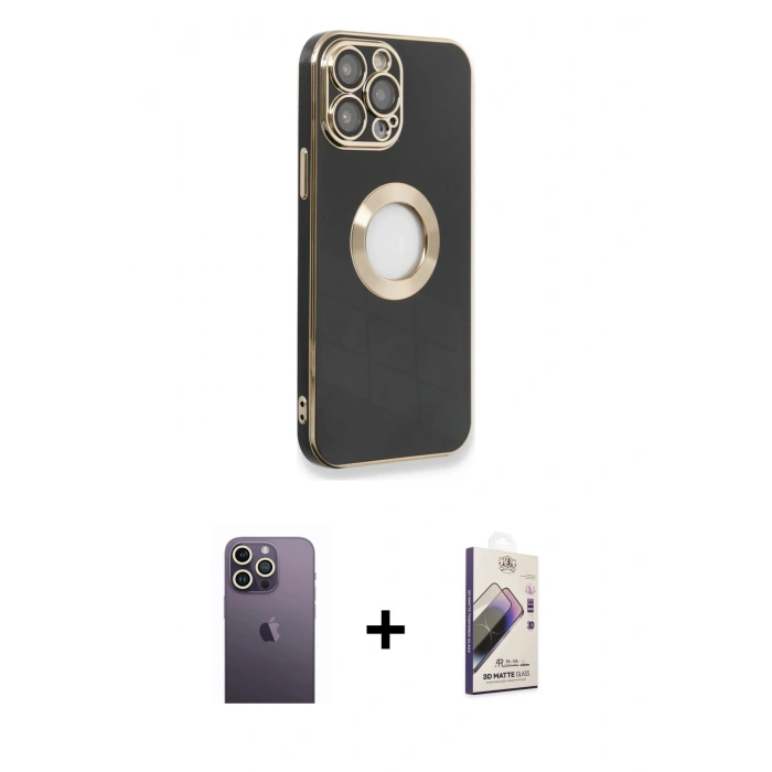 MARSİLYAN™- iPhone 13 Pro Max Kılıf İz Form Serisi - Siyah Bilvis 3D Mat Cam Ekran Koruyucu + Neon Fosforlu Kamera Lens - BZ
