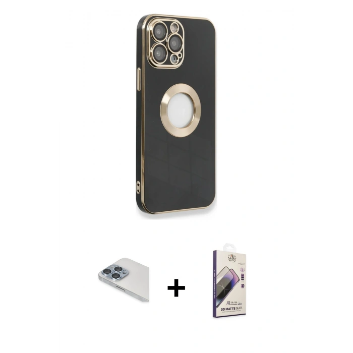 MARSİLYAN™- iPhone 13 Pro Max Kılıf İz Form Serisi - Siyah Bilvis 3D Mat Cam Ekran Koruyucu + Pers Alüminyum Kamera Lens - SABE