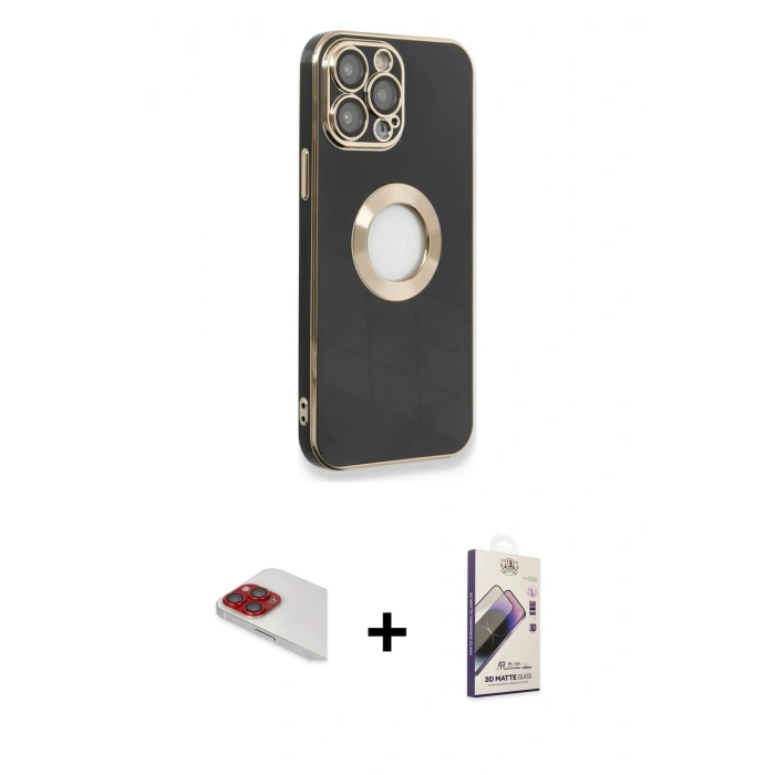 MARSİLYAN™- iPhone 13 Pro Max Kılıf İz Form Serisi - Siyah Bilvis 3D Mat Cam Ekran Koruyucu + Pers Alüminyum Kamera Lens - KI
