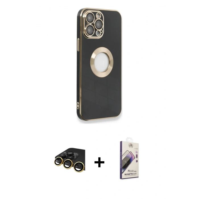 MARSİLYAN™- iPhone 13 Pro Max Kılıf İz Form Serisi - Siyah Bilvis 3D Mat Cam Ekran Koruyucu + Raze Metal Kamera Lens - GD