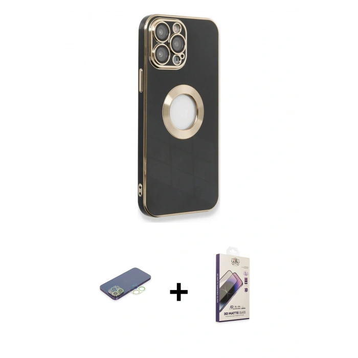MARSİLYAN™- iPhone 13 Pro Max Kılıf İz Form Serisi - Siyah Bilvis 3D Mat Cam Ekran Koruyucu + Renkli Kamera Lens Koruma Cam - YL