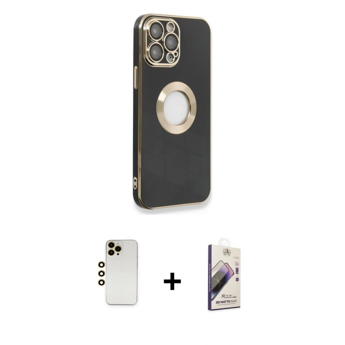 MARSİLYAN™- iPhone 13 Pro Max Kılıf İz Form Serisi - Siyah Bilvis 3D Mat Cam Ekran Koruyucu + Shine Kamera Lens - GD