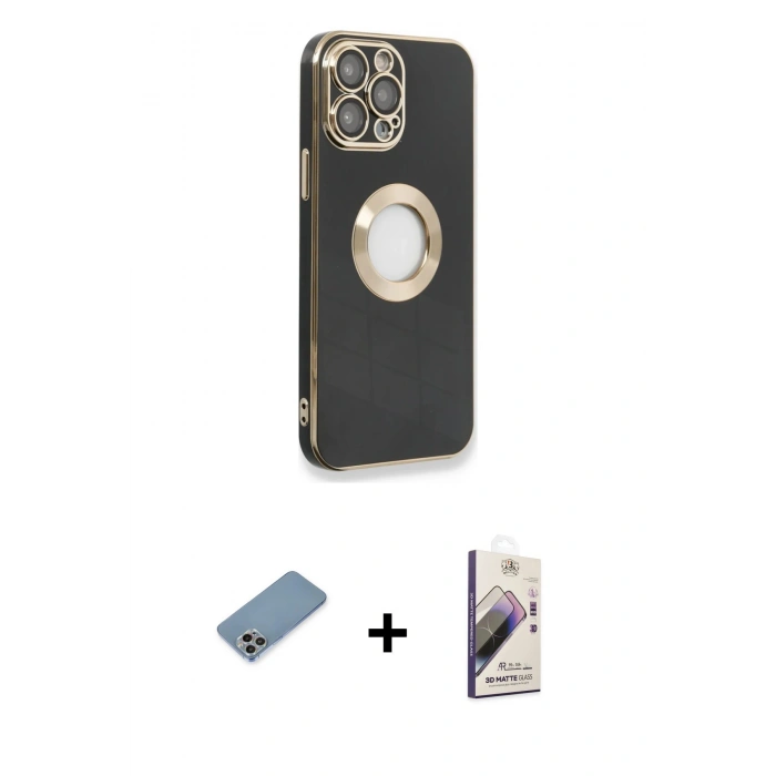 MARSİLYAN™- iPhone 13 Pro Max Kılıf İz Form Serisi - Siyah Bilvis 3D Mat Cam Ekran Koruyucu + Shine Kamera Lens Koruma Cam - GI