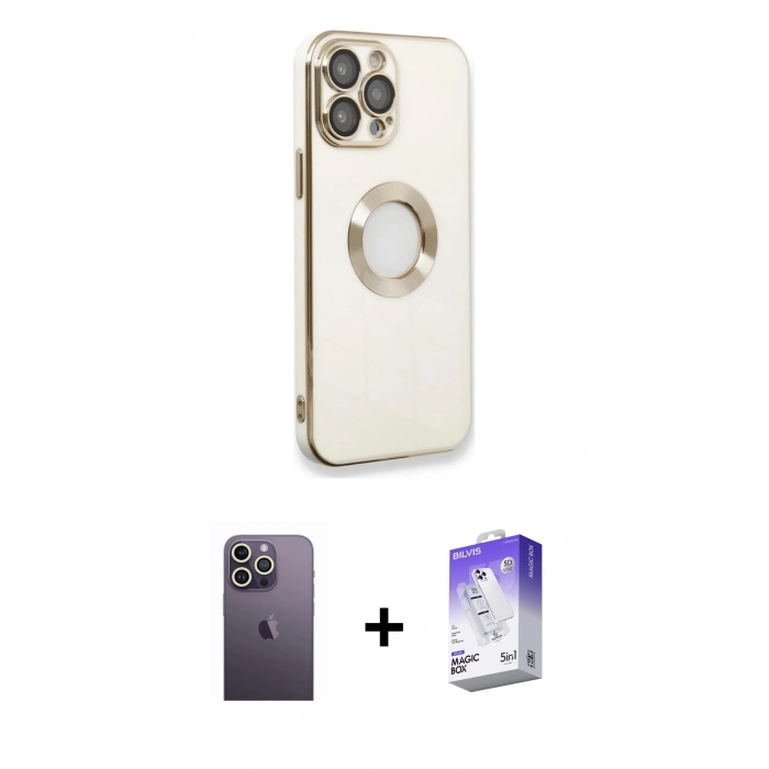 MARSİLYAN™- iPhone 13 Pro Max Kılıf İz Form Serisi - Siyah Bilvis 5in1 3D Magic Cam Ekran Koruyucu + Beyaz Neon Fosforlu Kamera Lens